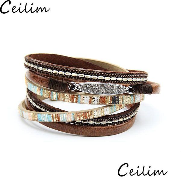 Cadena Boho Mtilayer Wrap Cuff Pulsera de cuero Brazalete Colorf Pulseras de cristal Regalo personalizado inspirador para mujer Tee Dhgarden Dhx9U