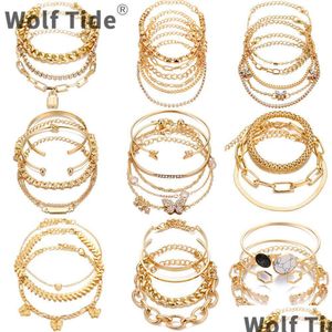 Bracelets de chaîne et bracelets Bundle Set Punk Rock Hip Hop Mti Couches Bracelet à maillons cubains pour femmes Verrouillage Papillon Charms Bijoux Qui Dh7I9