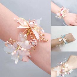 Chaîne Bridal Crystal Pearls Ribbon Fleur Fleur Fleur à la main Bracelet Bracelet Girls ACCESSOIRES DE MARIAGE DE BRIDES