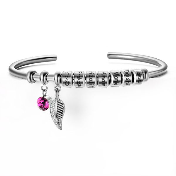 Chaîne Noms personnalisés Bracelet pour femmes avec 12 couleurs Pierre de naissance Bracelets de feuille de Bohême Cadeaux personnalisés en acier inoxydable à manchette ouverte 230506