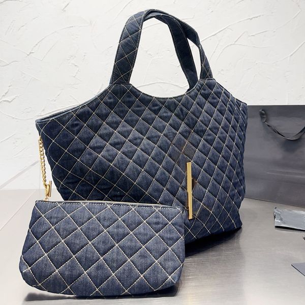 Bolso tote de mezclilla con cadena Bolsos de hombro para mujer Bolsos de viaje acolchados de gran capacidad Bolsos de viaje con letras grandes Bolsillo interior con cremallera Embrague extraíble Monedero con cremallera Carteras