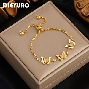 Chain DIEYURO 316L Stainless Steel Butterfly Charm Bracelet For Women Fashion Girls Gold Color Zircon Wrist Jewelry Party Wedding Gift 230710