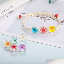 Chaîne Séché Fleur Plante Spécimen Bracelets Pour Femmes Fleur De Pêche Boule De Verre Cordon Chanceux Cire Chaîne À La Main Tressé Brace Dhgarden Dh5Yo