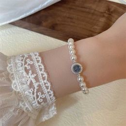 Cadena elegante Aquamarine Gemstone Zircon Pearl Pearlets For Women Red Lil Silver Color de rehinestona Pulseras de perlas Regalo de joyería de boda