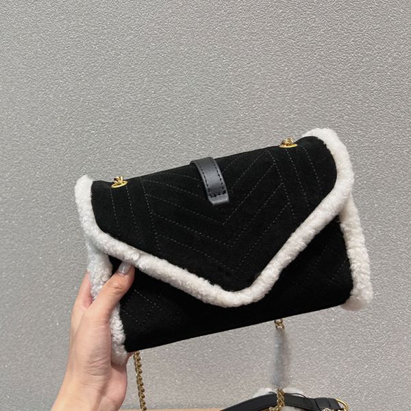 Bolso tipo sobre con cadena para mujer, bandoleras de hombro, bolso de ante, monederos, hilo de coser en forma de V, celosía de diamantes, hardware de moda, hebilla de letra, bolsillo interior con cremallera