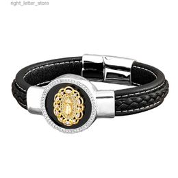 Catena etnica zircone intarsio croce bracciali uomo nero rotondo pietra naturale tessuto braccialetti in pelle vintage religione braccialetto gioielli regalo YQ231208