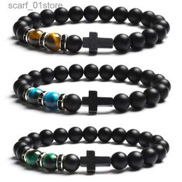 Keten Mode Religie Kruis Mannen Vrouwen 8mm Natuursteen Tijgeroog Zwart Matte Agaat Kralen Armband Elastische Armband sieradenL231115