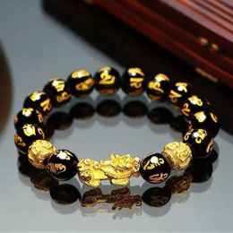 Cadena feng shui obsidiana perlas de piedra pulsera dorada color negro pixiu riqueza buena suerte pulgada de pulsera mujeres unisex regales de joyería y240420