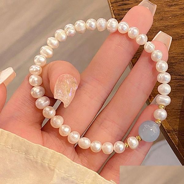 Chaîne Bracelet de perles d'eau douce Perles de cristal d'aigue-marine Mode Femmes Summer Beach Bracelets d'amitié élastiques Drop Livraison Jewel Dhzpf