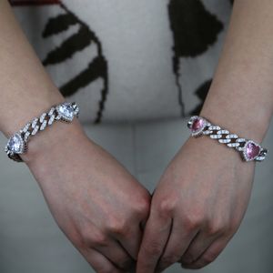Chain Chain Pesona CZ Hati Merah Muda Putih Rantai Kuba Miami Zirconia Kubik Bling Baru Perhiasan Mewah Untuk Wanita