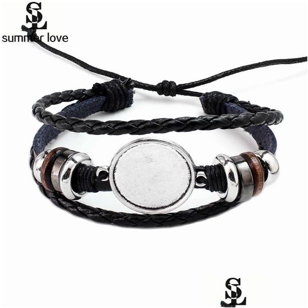 Cadena hecha a mano Mtilayer Pulsera de cabujón de cuero de cuero para mujeres hombres 20 mm DIY PO Base Bandeja de bisel Encanto en blanco Venta al por mayor Entrega de gota Dh0Vn