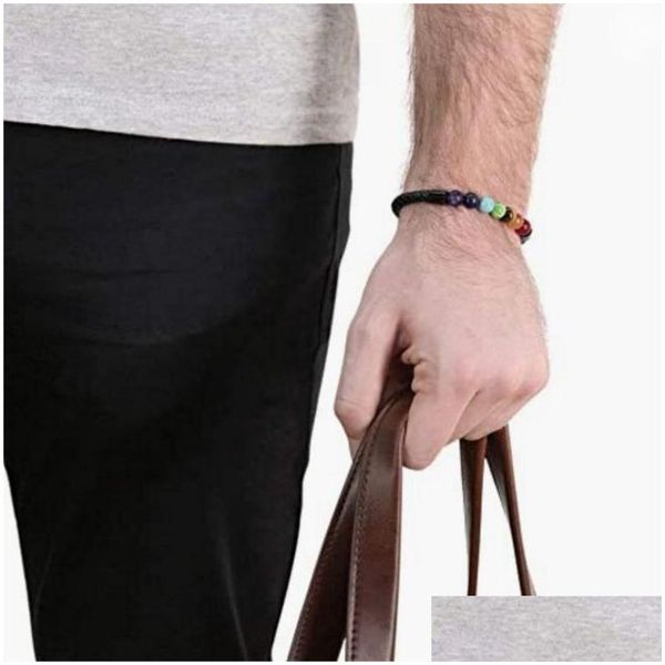 Chaîne Guérison Ning Bracelets de chaîne en cuir authentiques avec fermoir magnétique 7 Chakra Bracelet Natural Bracelet Yoga Diffuseur Cuff Drop Deli Dhzjz