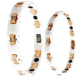 Keten Gezondheidszorg Magnetische Therapie Armbanden Voor Vrouwen Witte Keramische Rose Vergulde Roestvrij Stalen Armband Mannen CZ Sieraden 231016