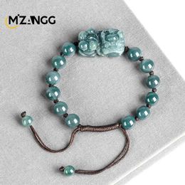 Chaîne Chain de haute qualité Myanmar Jadeite Blue Water Pixiu Bracelet à main tissé à main Corme Lucky Charms Bijoux de luxe pour hommes et femmes Y240420