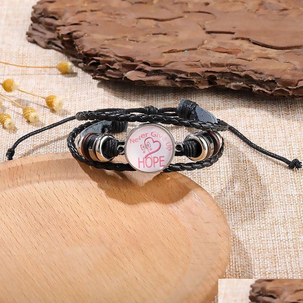 Chaîne Espoir Charme Bracelet Pour Les Femmes Sensibilisation Au Cancer Du Sein En Cuir Tressé Corde Wrap Bracelet Mode Bijoux À La Main Drop Delivery Dhnpd