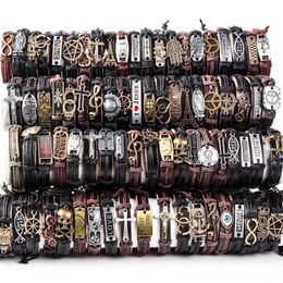 Ketting HOQIAGA 100 stks lederen armbanden mannen vrouwen Echte vintage punk rock retro paar handgemaakte manchet polsbandje groothandel veel bulk 230710