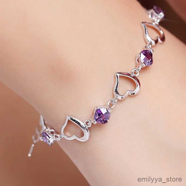 Chaîne vente chaude noble 925 Bracelet en argent Sterling coeur violet cristal Zircon mariage pour femme fête fiançailles bijoux R231208