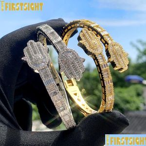 Chaîne glacée Bling Eyes de l'ange Fatima Bracelet CZ Zircon Hamsa Bracelet ouvert à la main pour hommes femmes Hip Hop bijoux de luxe 231208 Dhuhy