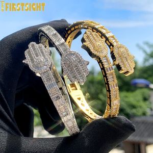 Chain Iced Out Bling Eyes Of The Angel Of Fatima Armband CZ Zirkoon Hamsa Hand Geopend Bangle voor Mannen Vrouwen Hip Hop Luxe Sieraden 231205