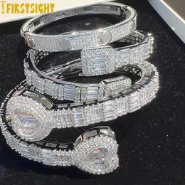 Chaîne glacée Bling ouvert CZ carré bracelet à breloques AAA Zircon rectangle coeur bracelet pour hommes femmes Hiphop bijoux de luxe 231205