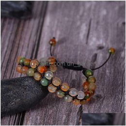 Cadena de ágata india Pulsera de cuentas de doble capa Piedra natural 6 mm 2 filas Pulseras ajustables de piedras preciosas Envoltura para mujeres Joyería de moda D Dhfcq