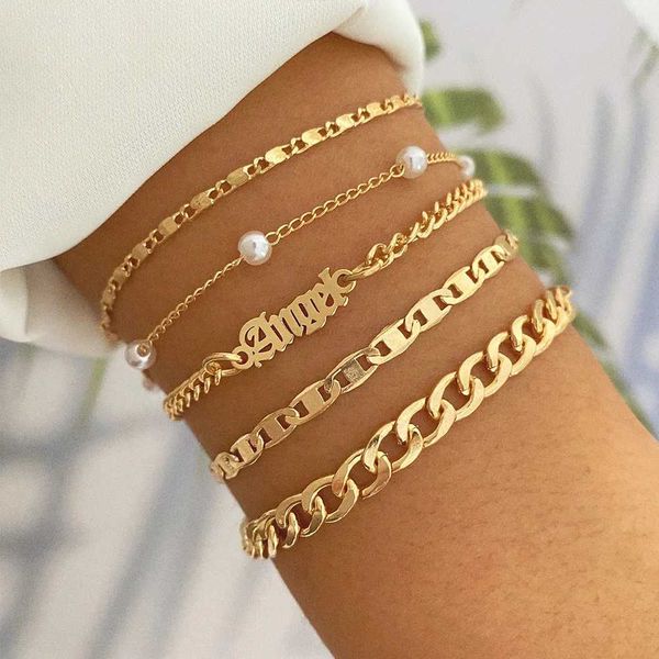 Chaîne IPARAM 5 pièces/ensemble mode Bracelets pour femme lettres ange chaîne cubaine irrégulière chaînes minces métal perle Bracelet bijoux à la mode