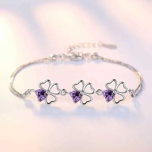 Chaîne JewelryTop Store 925 Bracelet en argent sterling bijoux de bijoux violet Lucky Clover Cubic Zirconia Longueur 17cm + 4cm H240504