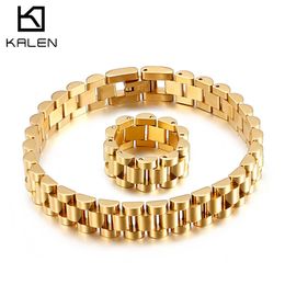 Chaîne KALEN 10mm doré haute finition hommes Vintage montre bracelet en acier inoxydable collier Bracelet anneau ensemble fête vacances bijoux cadeaux 231020