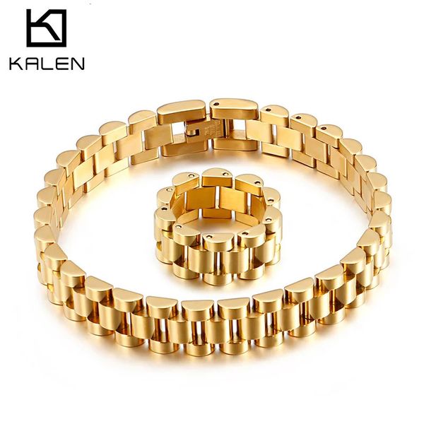 Chaîne KALEN 10mm doré haute finition hommes Vintage montre bracelet en acier inoxydable collier Bracelet anneau ensemble fête vacances bijoux cadeaux 231124