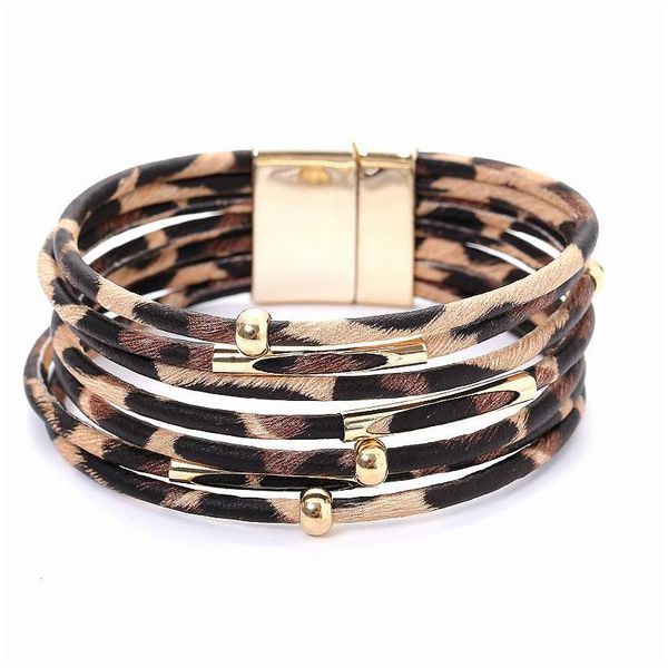 Chaîne Léopard En Cuir Bracelets Pour Femmes Mtilayer Pu Large Wrap Bracelet Bracelet Manchette Bracelet Avec Boucle Magnétique Je Dhi83