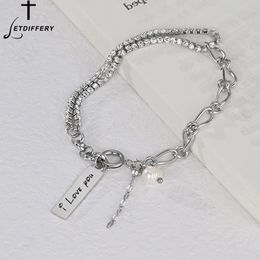 Chaîne Letdiffery Nom Personnalisé Perles Blanches Bracelet Pendentif Carré Graver Lettre Bracelet Anniversaire Bijoux pour Femmes 230704