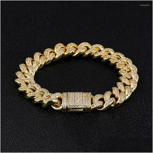 Pulseras de eslabones de cadena Dnschic Hip Hop Bling Cuban Bracelet 12Mm Gold Iced Out Mens Cz For Men Women Jewelry Drop Delivery Dhgce