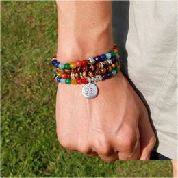 Chain Link Armbanden Nartrual 108 Mala Tijgerogen Steen 7 Chakra Energie Yoga Armband voor mannen en vrouwen Drop Delivery Sieraden Dhgr2