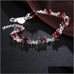 Chaîne Lien Bracelets Vintage De Luxe Rouge Cristal 925 Couleur Sier Bracelet Pour Femme Marques De Mode Bijoux De Noce De Noël Dro Dhvjt