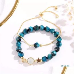 Chain Link Chain Blue Tiger Eye Set Armband voor vrouwen Accessoire Goud Kleur Metaal Onregelmatige kralen Rozenkrans Sieraden Liefdescadeau Fri Dhgarden Dhlgj