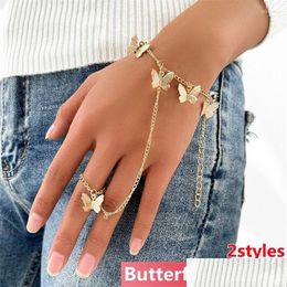 Cadena de eslabones pulsera vintage con anillo de dedo mariposa de oro muñeca simple para mujeres encantos señora moda estética 2022 Jewelrylink Dro Dhm0V