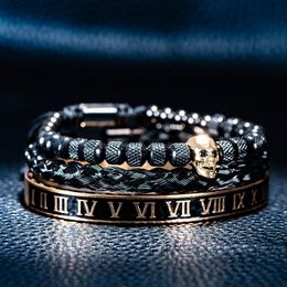 Keten Luxe 3 -stcset Skull Charm Black Bracelet roestvrij staal mannen email Romeins nummer Bangles Europe Mode paar sieraden 230518