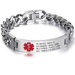 Chaîne d'identification d'alerte médicale, Bracelet en acier inoxydable, diabète, épilepsie, allergie d'alzheimer, bijoux SOS sans sculpture Q240401