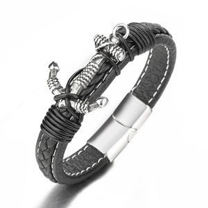 Ketting mannen verankeren lederen armband link mtilayer manchet gewikkeld touwpolspolsband zwart koord polsband bangle sieraden magnetische clasp drop dhxiv