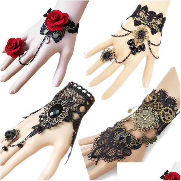Modelo de cadena Gothic Steampunk Lace Cuff Fingerless Glove Arm Warmer Bracelet Negro Accesorios de Halloween 230615 Drop Delivery Jewelry B Dh7L1
