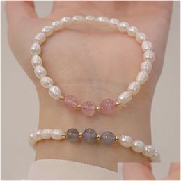 Bracelet de perles d'eau douce naturelles, chaîne, cristal de Quartz Stberry, Labradorite, perlé élastique, livraison directe de bijoux, Bracelets Dhdc0