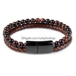 Chaîne Bracelets en pierre naturelle véritable cuir tressé noir en acier inoxydable fermoir magnétique oeil de tigre perle bracelet hommes bijoux 230508 Dr Dhb1J