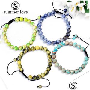 Chaîne Nouvelle Arrivée 8 Mm Nature Pierre Bracelet Pour Femmes Hommes Réglable Forme Ronde Agate Perles Noires Tressé Lucky Jewe Dhgit