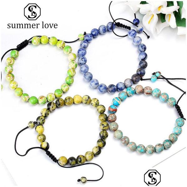 Chaîne Nouvelle Arrivée 8 Mm Nature Pierre Bracelet Pour Femmes Hommes Réglable Forme Ronde Agate Perles Noires Tressé Lucky Jewe Dhgit