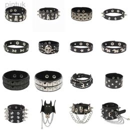Chaîne New Skull Punk Gothic Rock Chains Metal Stud Pikes Rivet Pu Le cuir bracelet bracelet large bracelet de manchette Femmes hommes bijoux 2023 D240419