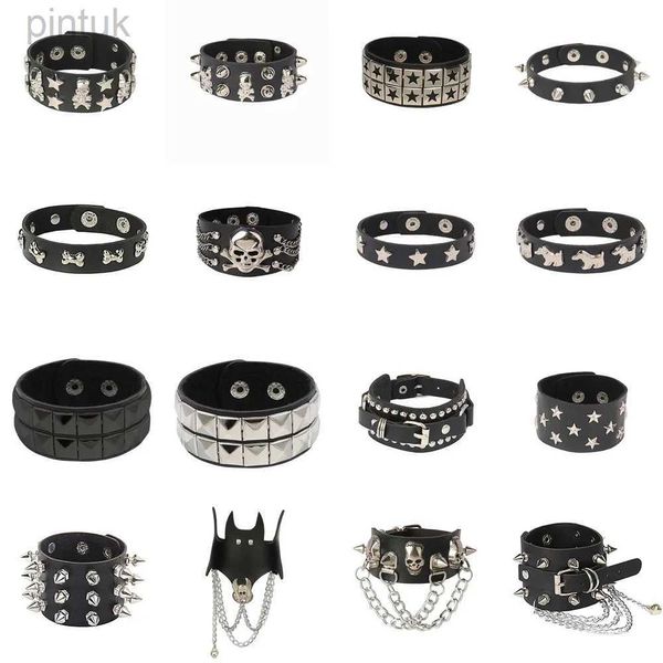 Cadena nueva calavera punk cadenas de roca gótica espiga de metal espigas de hiñón PU pulsera de cuero pulsador ancho pulsador ancho mujer joyería 2023 d240419