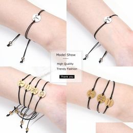 Chaîne Date Mode En Acier Inoxydable 12 Constellation Charme Bracelet À La Main Tressé Réglable Cire Noire Corde Bracelets Pour Hommes Wo Dhzvq