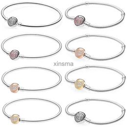 Ketting Origineel Pave Hart Met Kristallen Ronde Sluiting Snake Chain Bangle Armband Fit Europa Bangle 925 Sterling Zilver Bedel Sieraden YQ240115