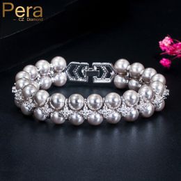 Ketting Pera Elegante Vrouwen Zilveren Kleur Dubbele Rij Ronde Brede Grijze Parel Bangle Armbanden voor Bruiloft Bruids Zirconia Sieraden B157 230710