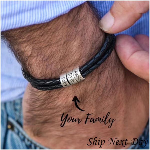 Chaîne Personnalisé Hommes Bracelet En Cuir Tressé Cadeau De Fête Des Pères Cadeau De Noël Pour Petit Ami Mari Perles Personnalisées Charme Hommes 230710